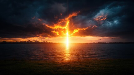 Breathtaking sunset over serene lake with vibrant colors and clouds creating a peaceful evening atmosphere