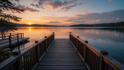 Fototapeta premium Serene Sunset Over Lake from Dock with Calm Water Reflections