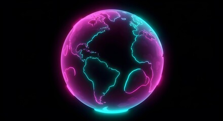 Sleek neon Earth planet with cyan glow and pink, purple, and teal highlights on dark background