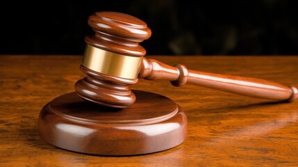 Wooden gavel and sounding block are on table, dark background. Use it to illustrate justice, court decisions, and legal proceedings.