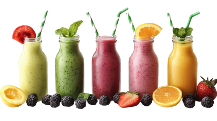 A row of colorful drinks with straws in them