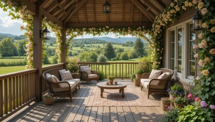 Obraz premium Cozy Outdoor Porch Surrounded by Lush Greenery and Flowers