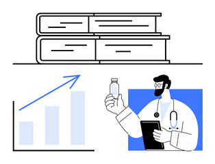 Books stacked for research, upward statistical graph, and doctor holding vial with clipboard. Ideal for health, medicine, education, analysis, progress innovation research. Flat simple metaphor