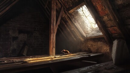A small brown mouse exploring a dark and rustic attic space