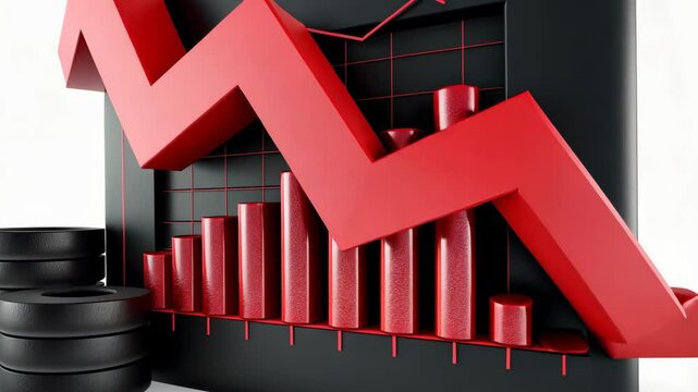 Red Downward Arrow Highlights Decline in Financial Performance with Bar Chart, Indicating Economic Downturn and Market Risk in Automotive Industry Context