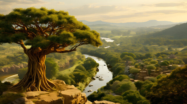 Majestic tree standing alone on a cliff overlooking an artistic exoplanet landscape in a conceptual alien world scene.