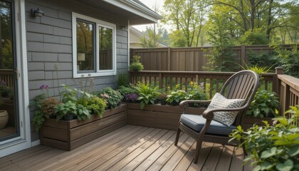 Cozy Garden Patio with Wooden Seating and Lush Green Plants