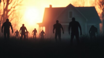 Fototapeta premium Group of survivors barricading a house as zombies swarm outside, tense atmosphere, cinematic lighting
