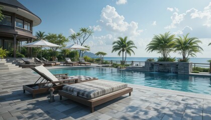 Obraz premium Luxurious Outdoor Pool Area with Relaxing Lounge Chairs and Palm Trees
