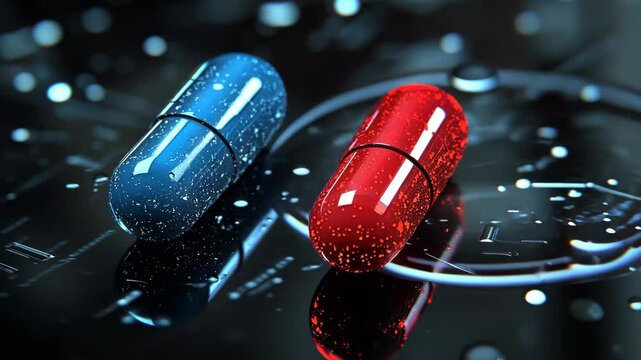 Reflective Surface with Blue and Red Pill Abstract Digital Patterns and Futuristic Technology Evoking Choice and Decision Making in Glossy, Futuristic Context