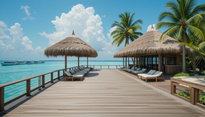 Fototapeta premium Tropical Beachfront Resort with Thatched Roof Cabanas and Palm Trees