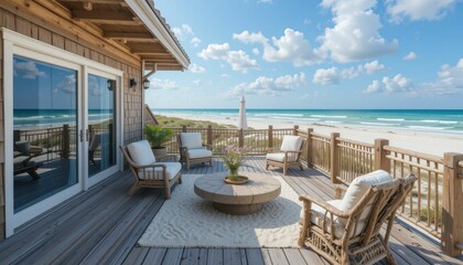 Obraz premium Cozy Beachfront Deck with Scenic Ocean View and Relaxing Chairs