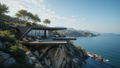 Fototapeta premium Modern Coastal House with Scenic Ocean View on Rocky Cliffside