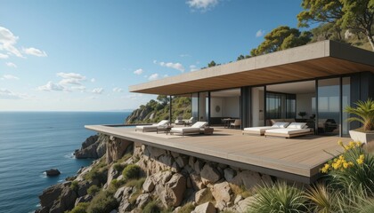 Fototapeta premium Modern Seaside Villa with Scenic Ocean View and Luxurious Design
