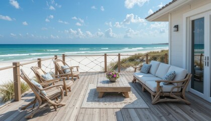 Fototapeta premium Cozy Beachfront Patio with Ocean View and Relaxing Seating Area