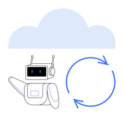 Robot with antenna interacting with large cloud and circular arrows signifying data synchronization. Ideal for technology, AI, automation, cloud computing, data transfer, innovation, digital