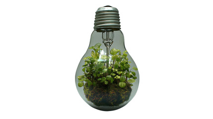 Small plants growing inside a light bulb on a transparent background