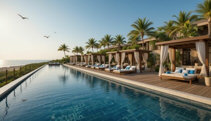 Luxurious Resort with Infinity Pool Overlooking Ocean at Sunset