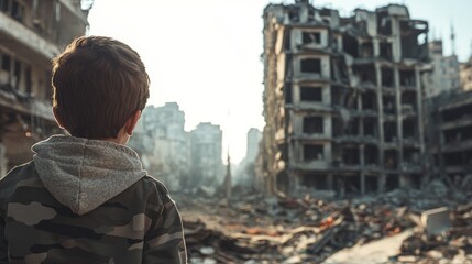 a child looking at war-torn buildings.
