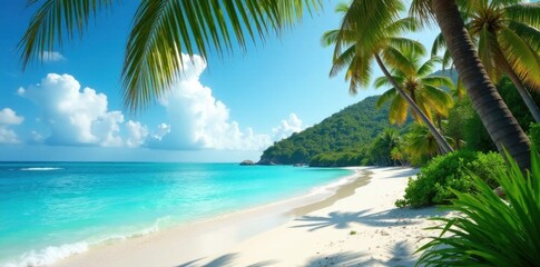 Palm tree lined shoreline with turquoise water and wavy grasses in the foreground , grass, ocean