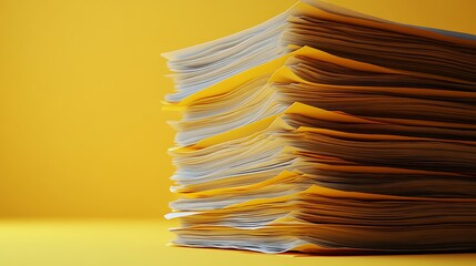 Large stack of papers on yellow background.