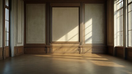 Obraz premium an elegant room with wood paneling and large windows letting in sunlight.