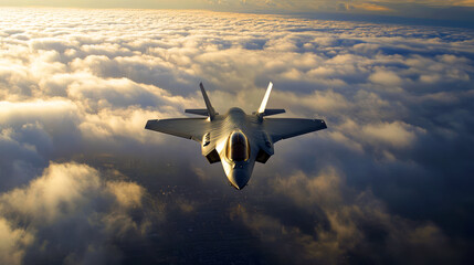 Fighter jet flying above the clouds during sunset.