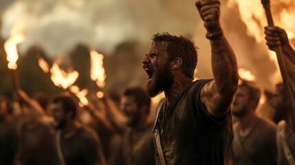 A group of men holding torches shout against a backdrop of fire in an ancient war scene.