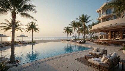 Fototapeta premium Serene Poolside Oasis at Beachfront Resort with Palm Trees