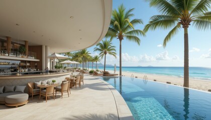 Obraz premium Modern Coastal Retreat with Swimming Pool and Palm Trees