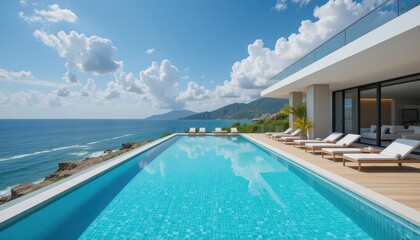 Fototapeta premium Stunning Modern Villa with Infinity Pool Overlooking Ocean View
