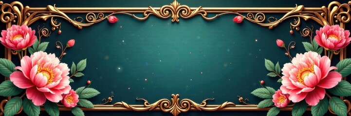 Ornate Baroque frame with scrolling vines and peonies in stylized calligraphy , scrollwork, roses