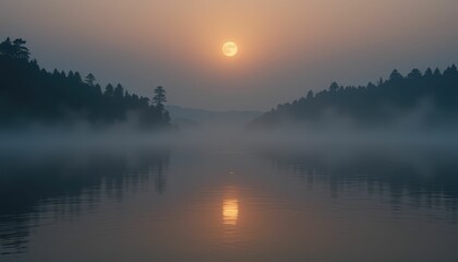 Fototapeta premium Tranquil Misty Sunrise Over Calm Water in Mountain Landscape