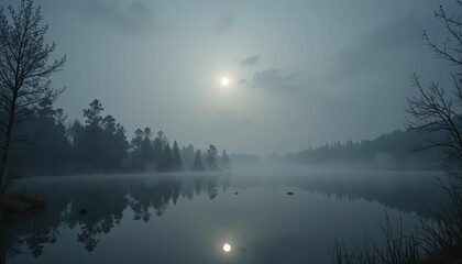 Serene Misty Lake Landscape Under Moonlight at Dawn