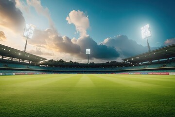High-definition panoramic photo of cricket stadium with daylight and stadium lights, perfect for sports ads.