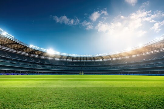 High-definition panoramic photo of cricket stadium with daylight and stadium lights, perfect for sports ads.