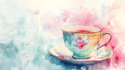 Watercolor Teacup  Floral Design  Pastel Colors  Tea Time