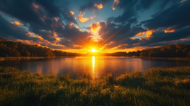 Majestic sunset over a tranquil lake with vibrant colors and reflections creating a serene atmosphere for nature lovers