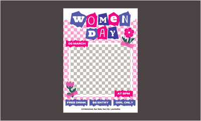 Womans Day Flyer. Mother's Day card, banner, poster, flyer, label or cover with flowers frame, abstract floral pattern in mid century art style.