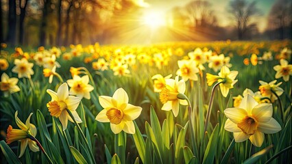Vintage Spring Daffodil Meadow Photography: Blooming Yellow Daffodils in Springtime