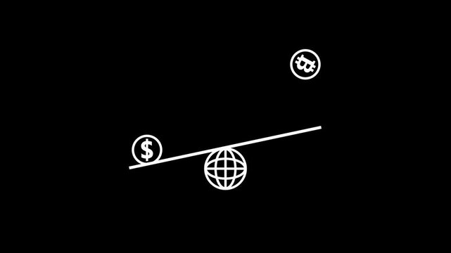 Globe icon with dollar and bit coin bouncing animation.bit-coin dollar jumping on dark Screen background.Bit coin Coin with dollar bouncing and spinning animation.