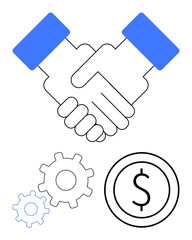 Handshake conveying partnership, two gear icons symbolizing process and collaboration, dollar symbol for financial growth. Ideal for teamwork, business deal, finance, efficiency, partnership, trust