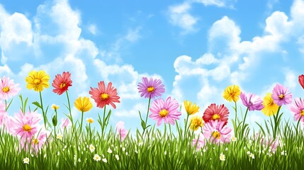 Colorful Spring Flowers Meadow  Blue Sky  Sunny Day