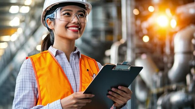 Female Engineer in Safety Gear Holding Clipboard in Industrial Factory with Equipment and Bright Lighting