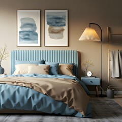 A composition of cozy and tactile bedroom details, color, texture, emphasizing the harmonious balance, and sculptural decor.