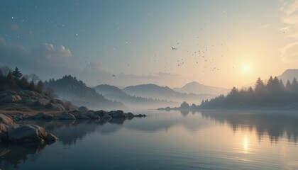 Serene Morning Landscape with Calm Water and Soft Light Reflection