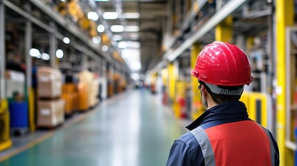 Worker in Red Hard Hat Overlooking Industrial Warehouse with Boxes and Equipment in Background