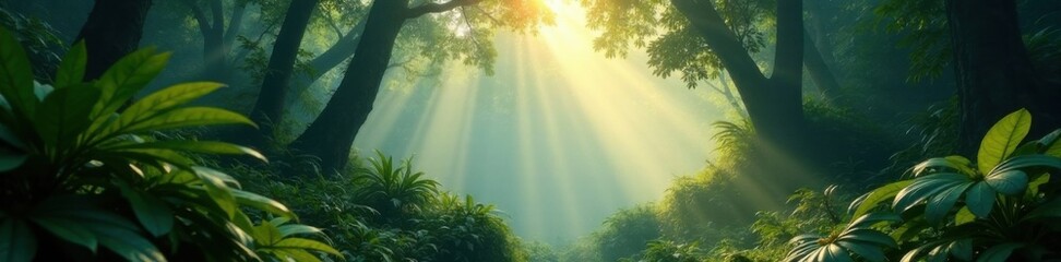 Misty morning in the jungle with sunlight filtering through canopy, water droplets, atmosphere
