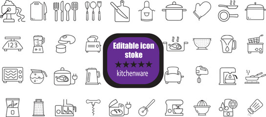  outline icons related to kitchenware. Linear icon collection. Editable stroke