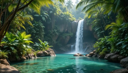 Serene Waterfall Surrounded by Lush Green Jungle Landscape